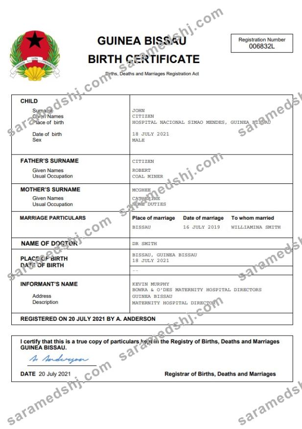 Guinea Bissau birth certificate